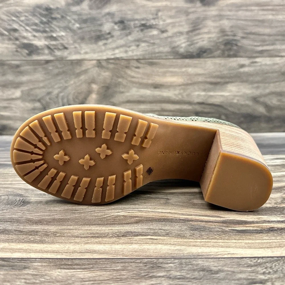 NIB Lucky Brand Vacob 9M Open Toe Perforated Block Heel Ankle Bootie Olive Suede - Picture 8 of 13